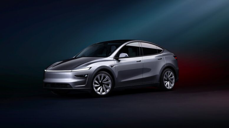2025 Tesla Model Y Juniper front three-quarter view in Glacier Blue