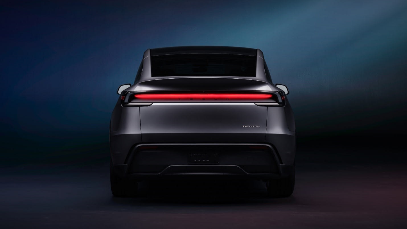 2025 Tesla Model Y Juniper rear view with full-width LED light bar